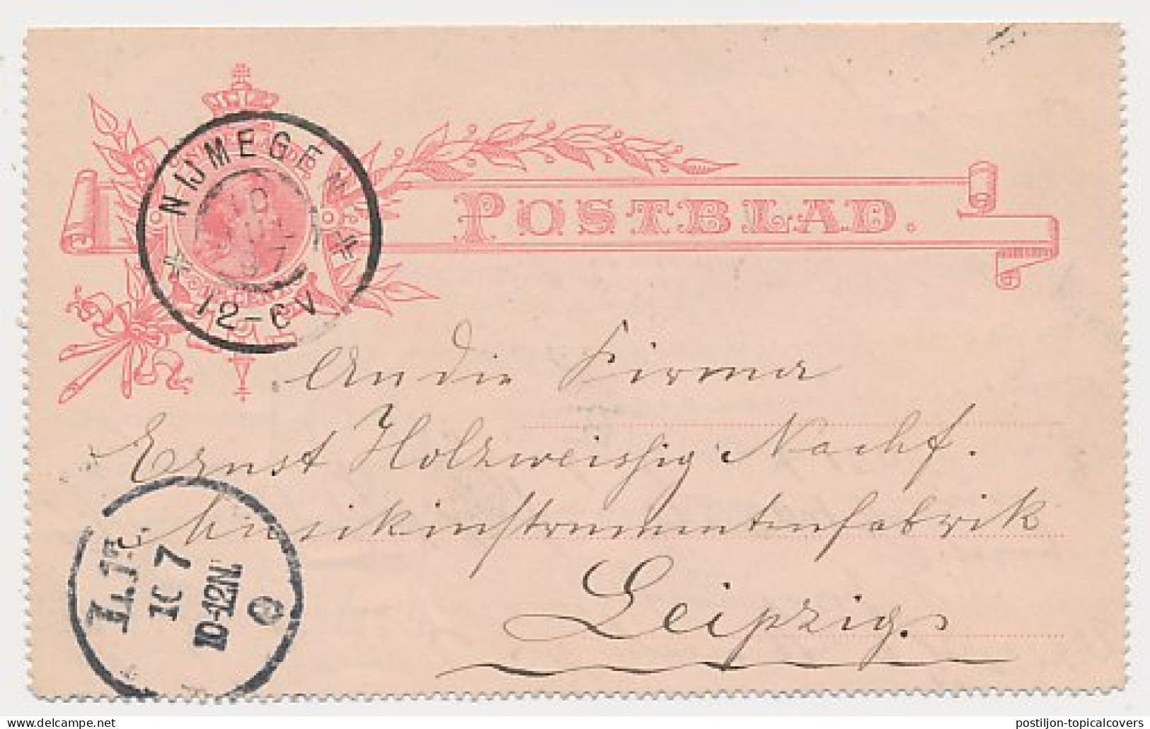 Postblad G. 7 Y Nijmegen - Leipzig Duitsland 1897  - Entiers Postaux