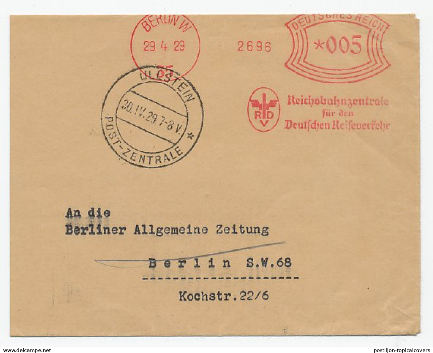 Cover / Postmark Germany 1929 Ullstein Post Zentrale - Owl - Autres & Non Classés