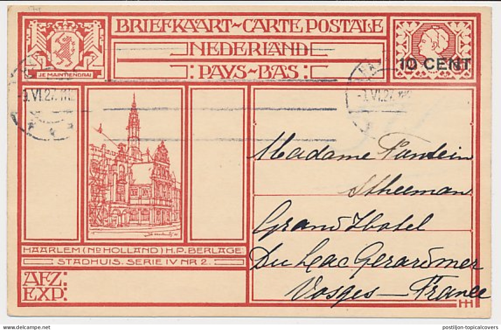 Briefkaart G. 214 H ( Haarlem ) Haarlem - Frankrijk 1927 - Entiers Postaux