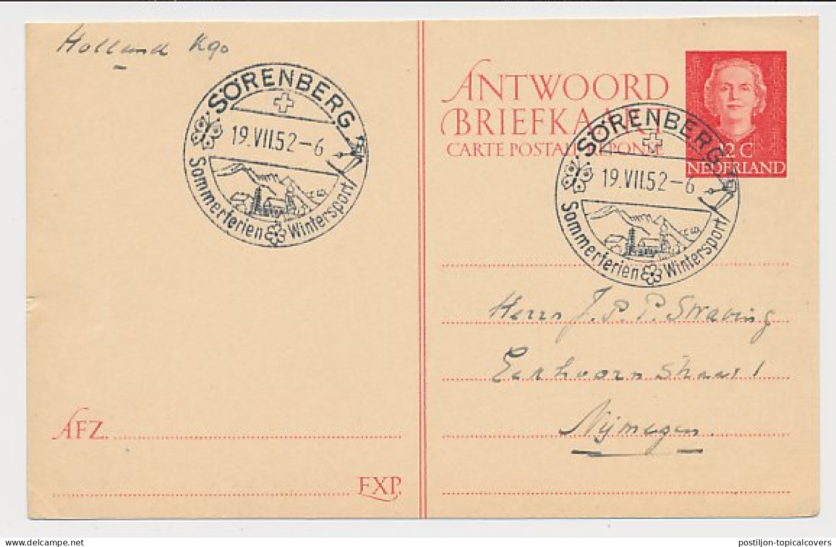Briefkaart G. 307 A-krt. Sorenberg Zwitserland - Nijmegen 1952 - Postal Stationery