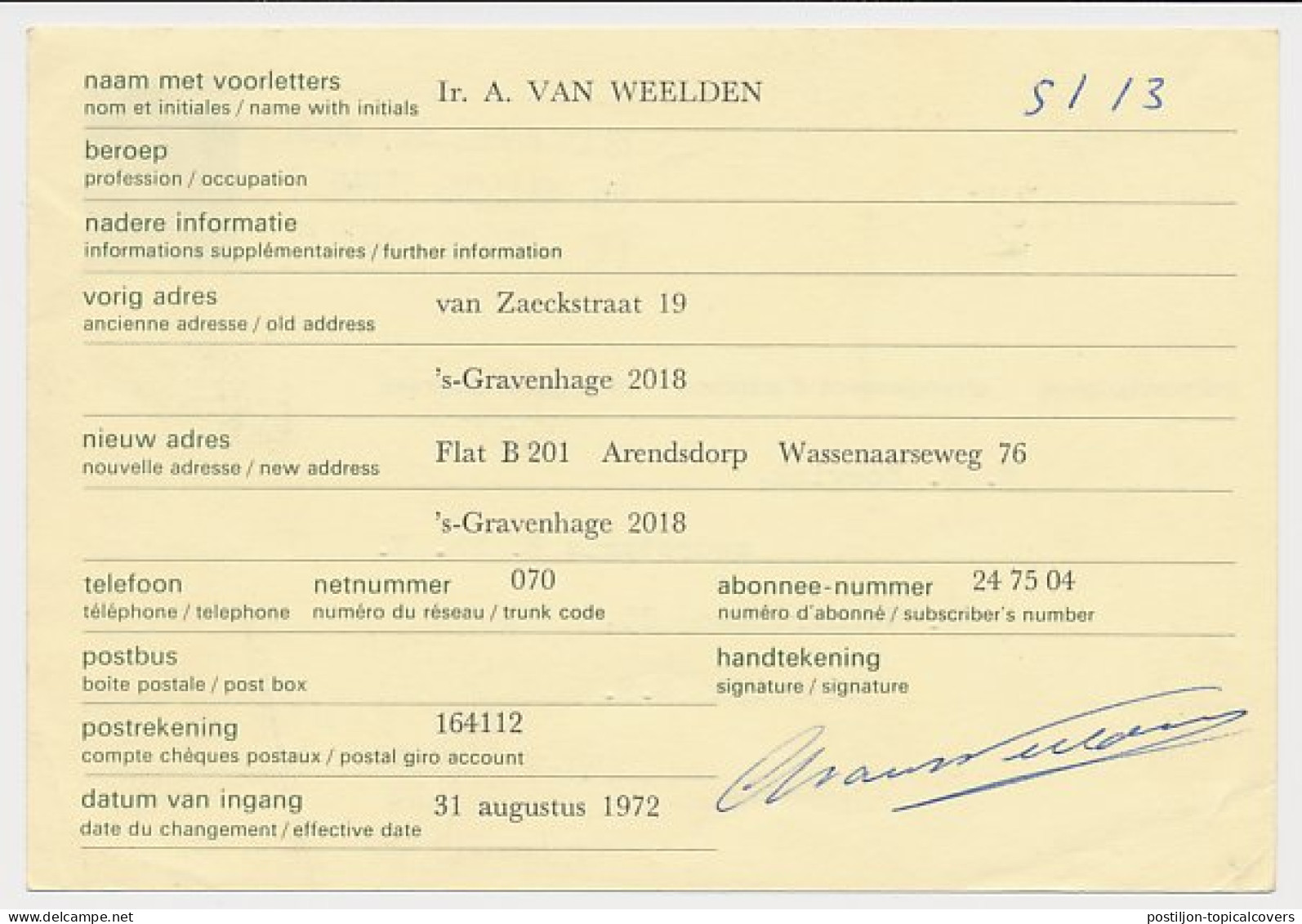 Verhuiskaart G. 37 Particulier Bedrukt Den Haag 1972 - Entiers Postaux