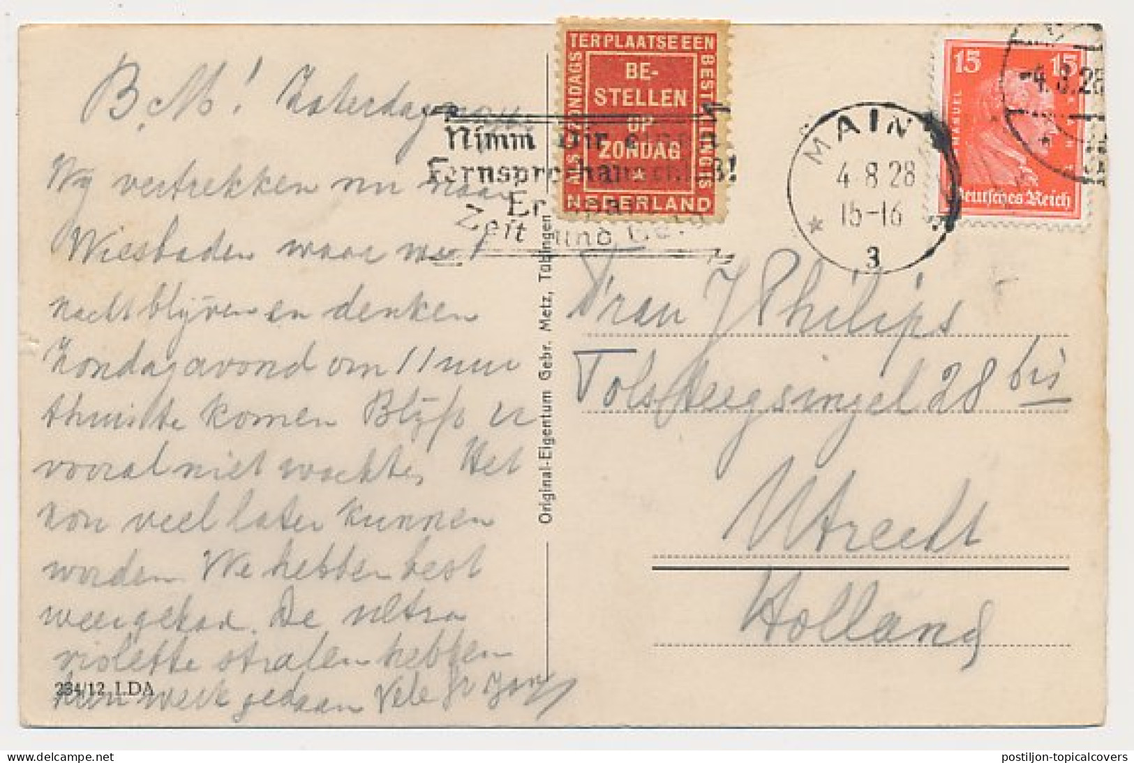 Bestellen Op Zondag - Mainz Duitsland - Utrecht 1928 - Covers & Documents