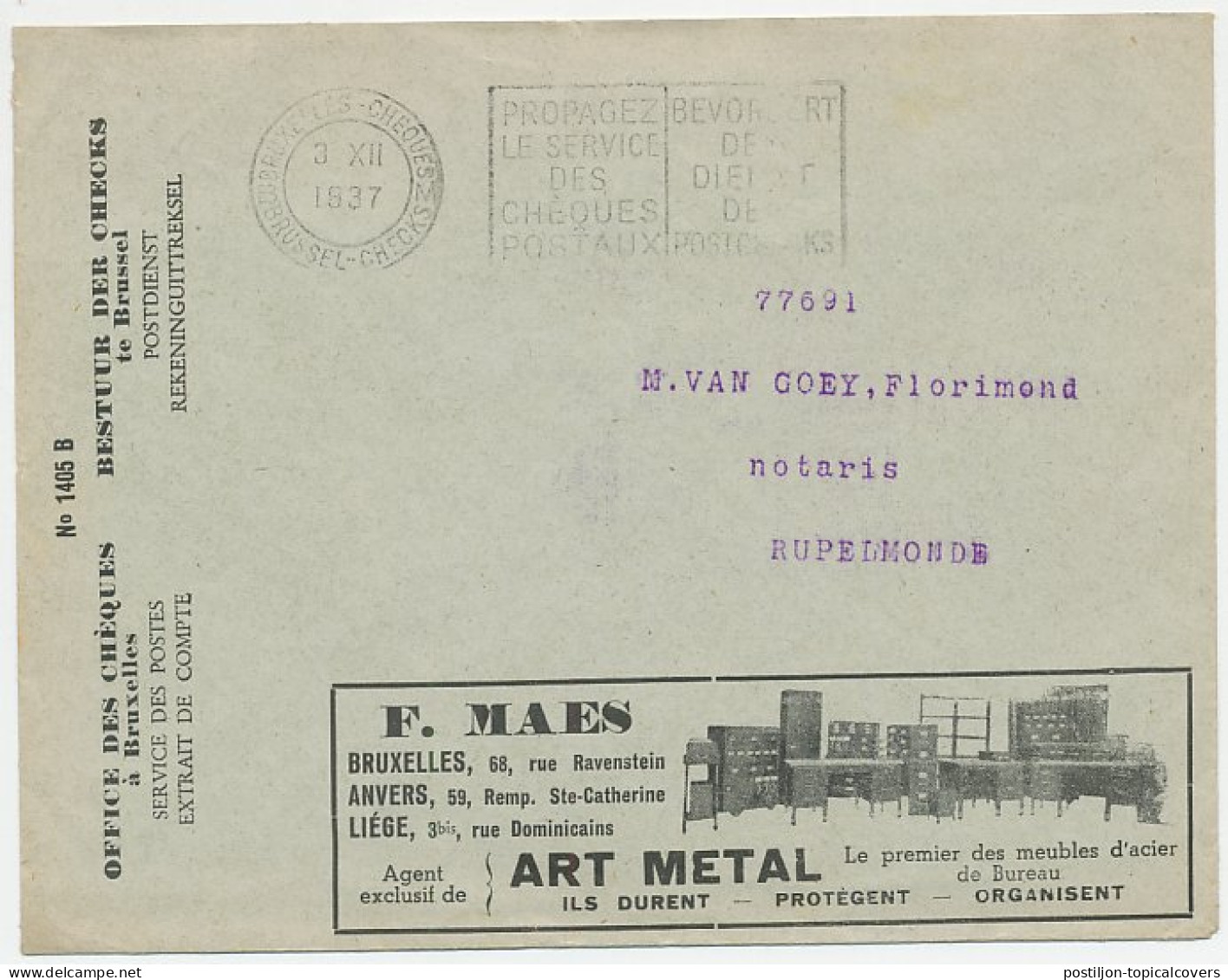 Postal Cheque Cover Belgium 1937 Office Furniture - Counting Machine - Calculator - Astra - Unclassified