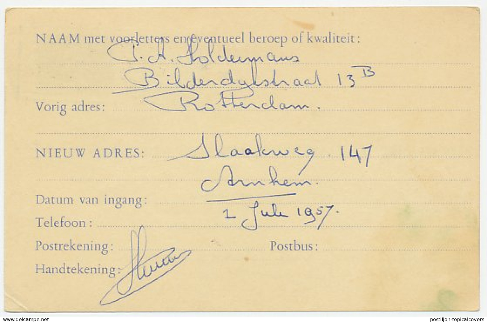 Verhuiskaart G. 24 / Bijfrankering Rotterdam - Utrecht 1957  - Postal Stationery