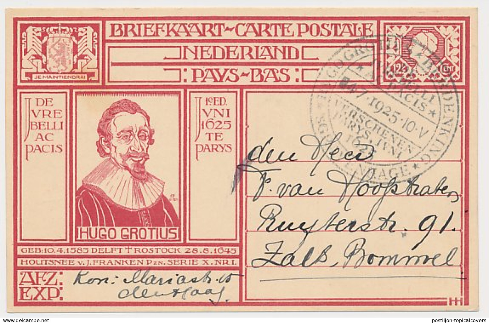 Briefkaart G. 207 Den Haag - Zalt Bommel 1925 - Entiers Postaux