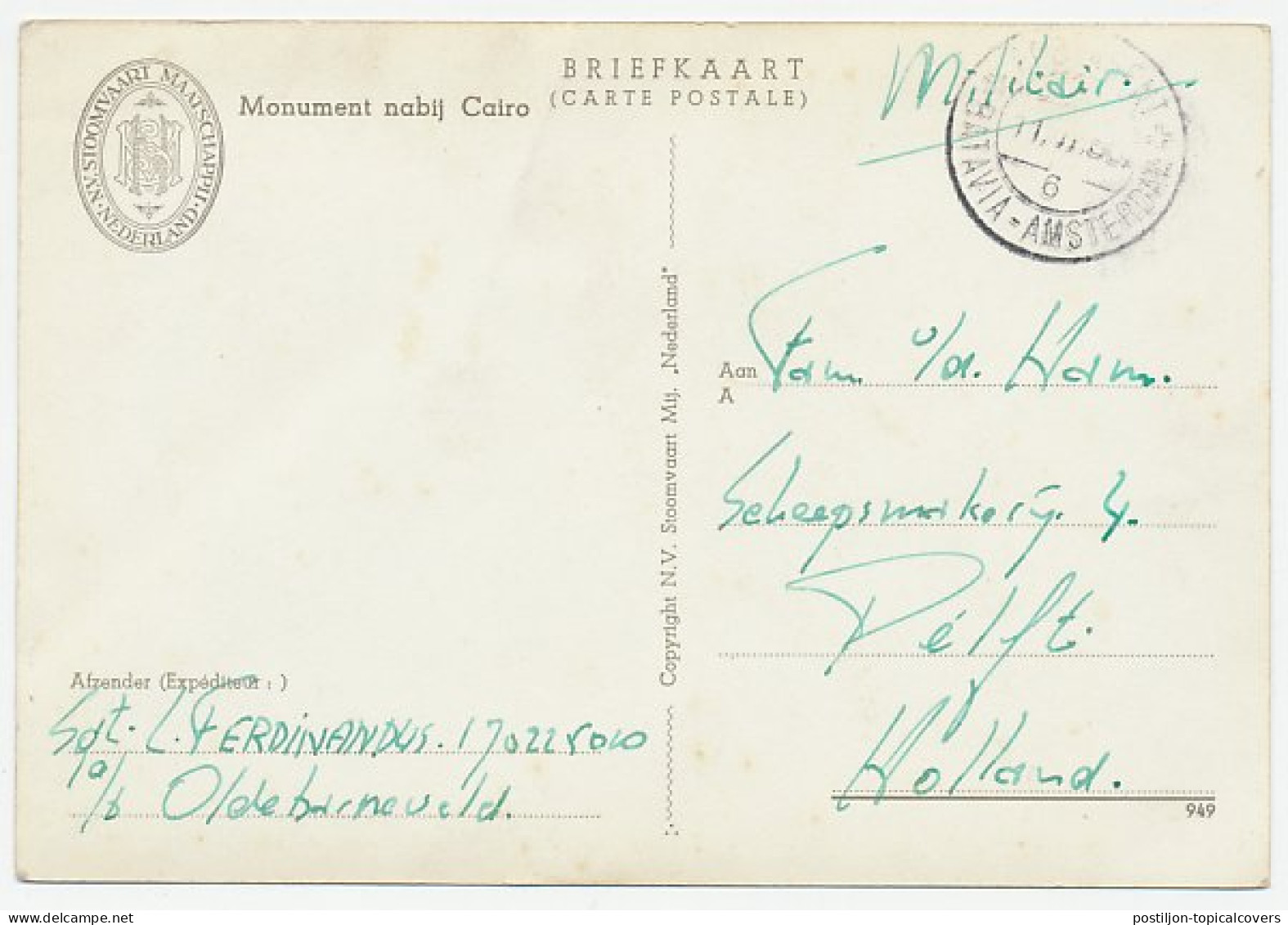 Postagent Batavia - Amsterdam (6) 1950 ( Troepenschip ) - Non Classés