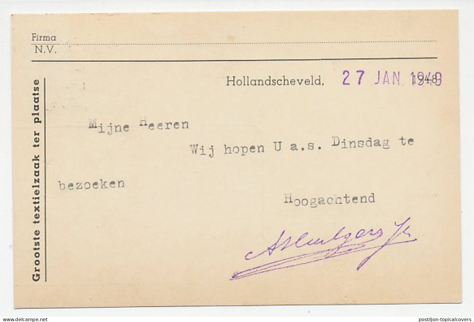 Firma Briefkaart Hollandscheveld 1949 - De Maan / Manufacturen - Zonder Classificatie