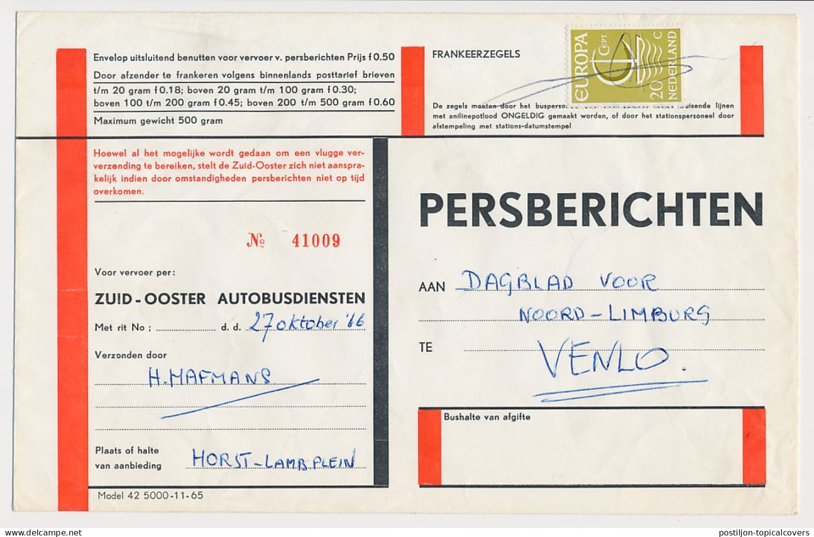 Horst - Venlo 1966 - Persbericht Z.O. Autobusdienst - Ohne Zuordnung