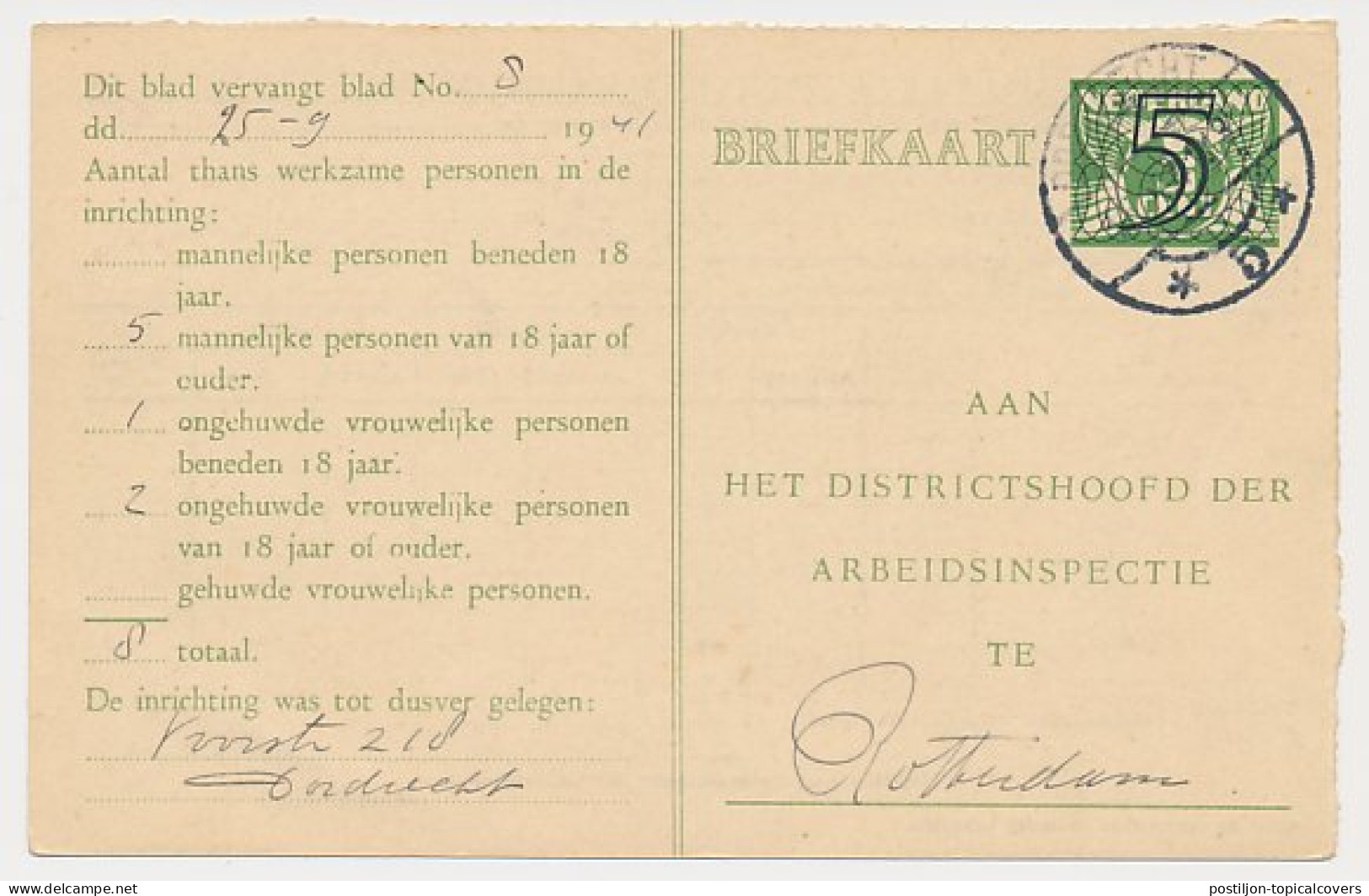 Arbeidslijst G. 19 Locaal Te Rotterdam 1941 - Postal Stationery