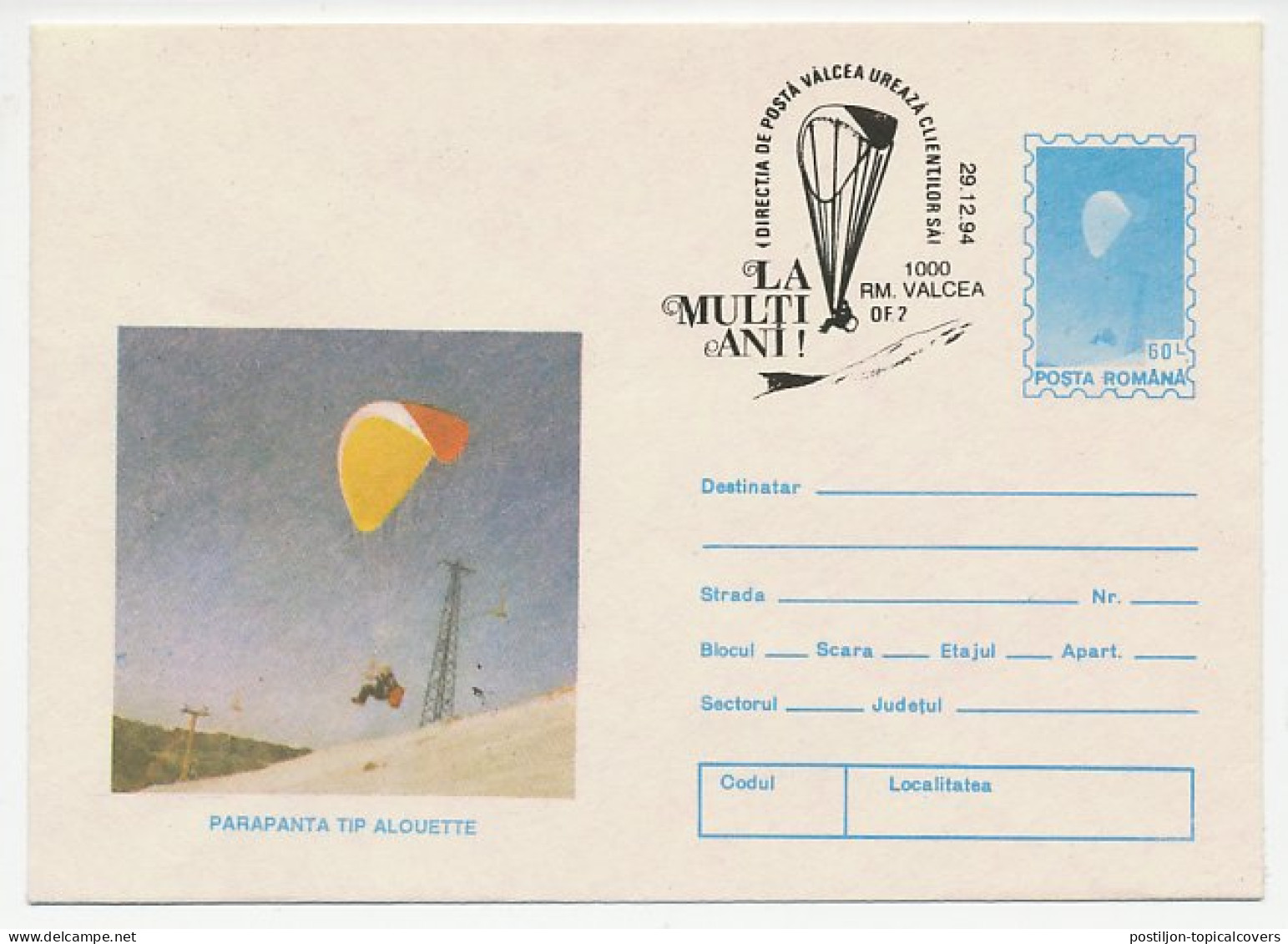 Postal Stationery Romania 1994 Parachuting  - Avions