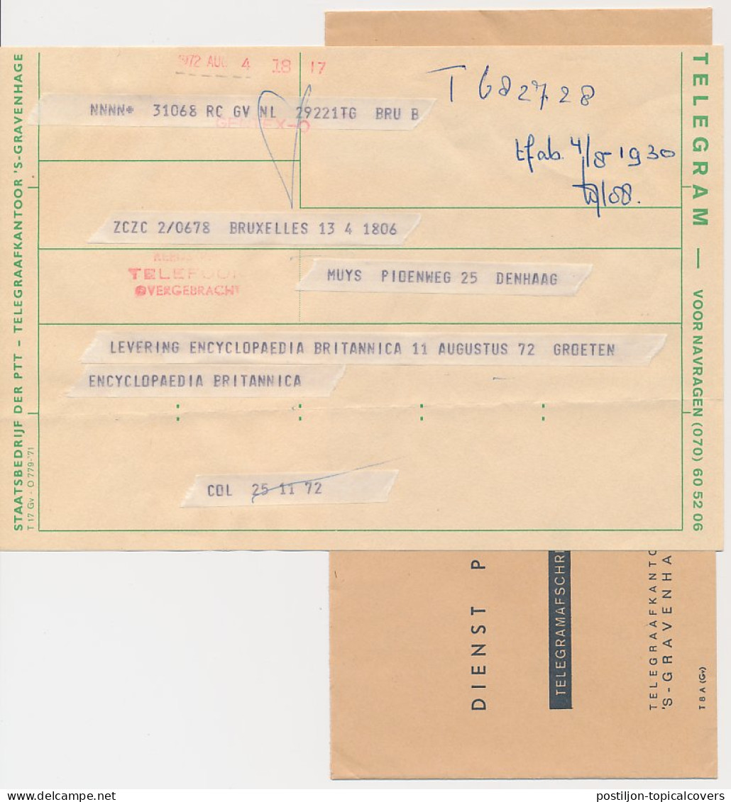 Telegramafschrift Brussel - Den Haag 1972 - Per Telefoon - Unclassified