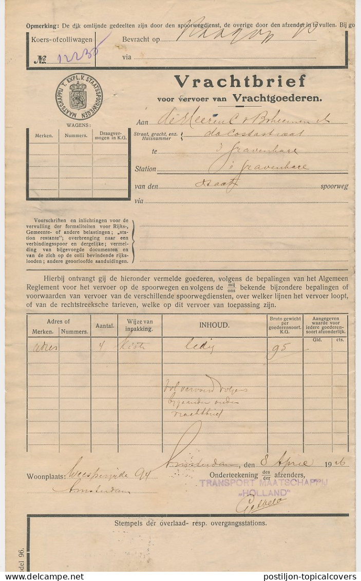 Vrachtbrief Staats Spoorwegen Amsterdam - Den Haag 1916 - Zonder Classificatie