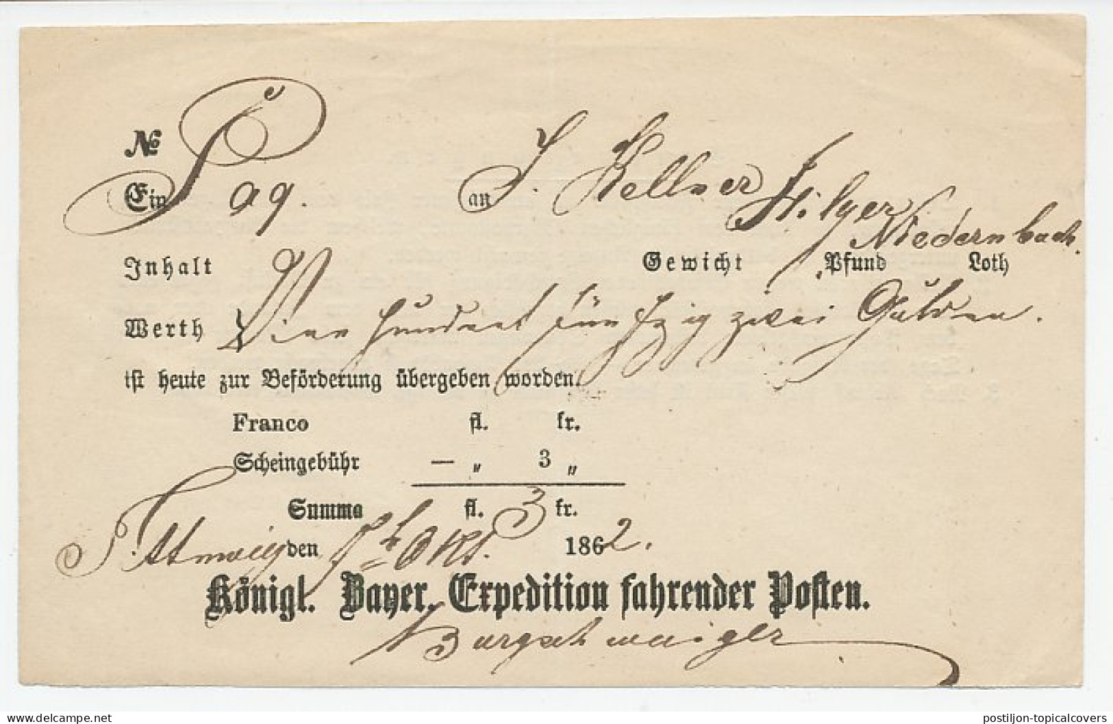 Shipping Receipt Bayern 1862 Shipping Receipt - Autres & Non Classés