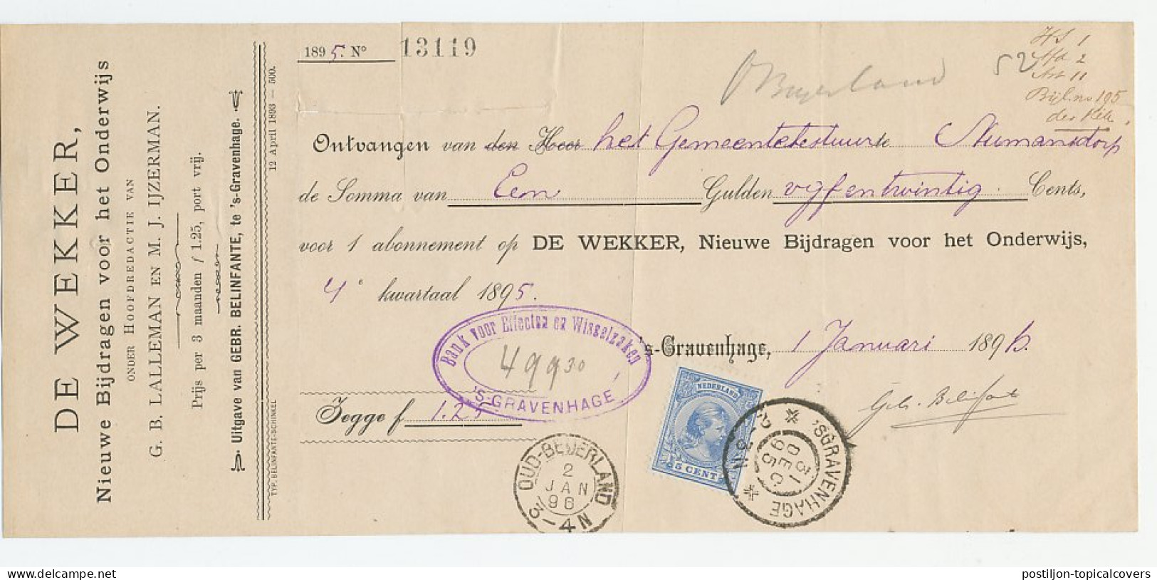 Em. 1891 Den Haag - Oud Beijerland - Kwitantie - Zonder Classificatie