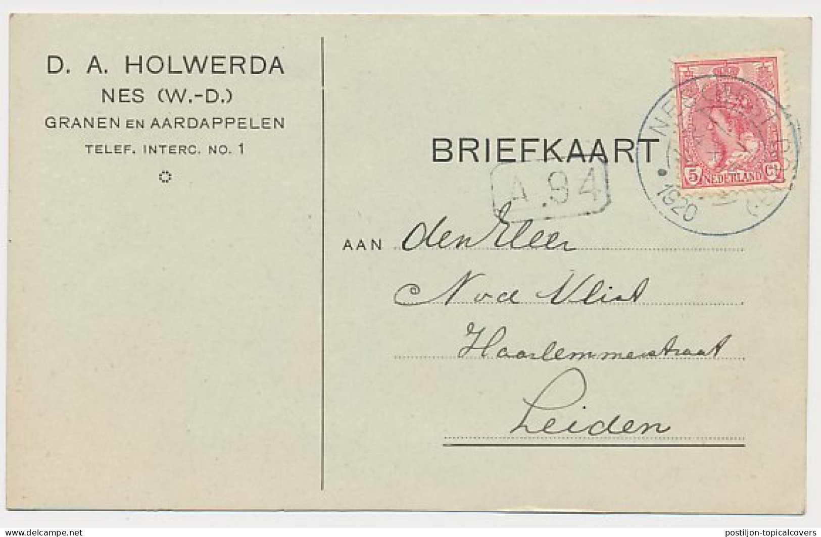 Firma Briefkaart Nes West Dongeradeel 1920 - Granen- Aardappelen - Non Classés
