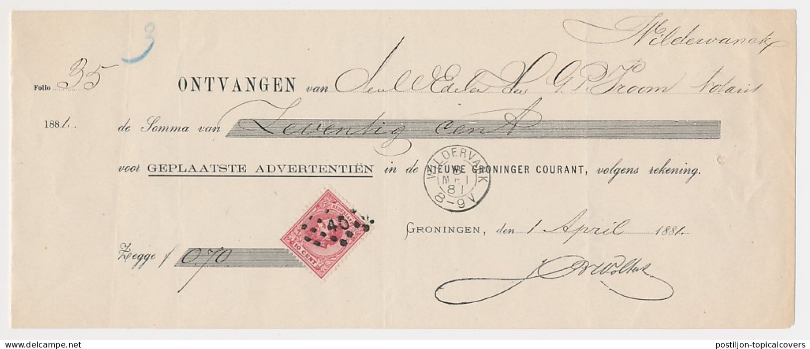 Em. 1872 Groningen - Wildervank - Kwitantie - Zonder Classificatie