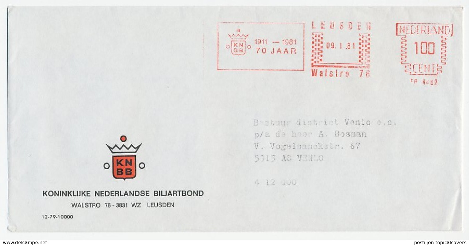 Meter Cover Netherlands 1980 Royal Netherlands Billiards Association - 70 Years - Andere & Zonder Classificatie