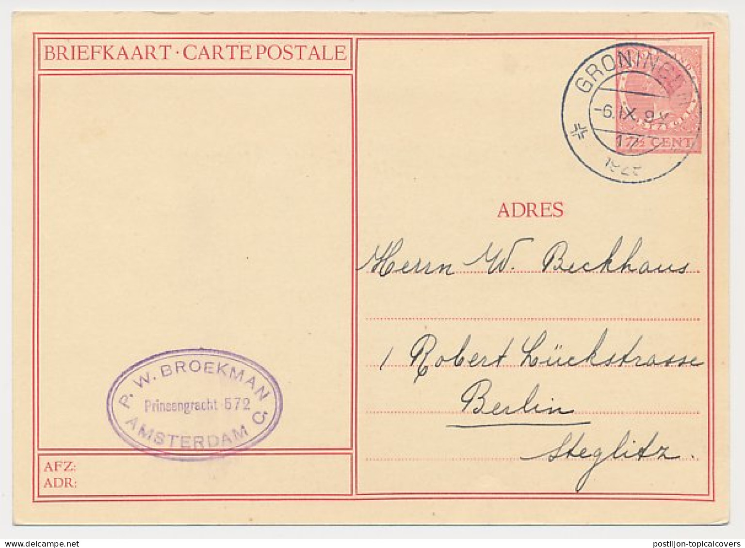 Briefkaart G. 226 ( Amsterdam ) Groningen - Duitsland 1929 - Ganzsachen