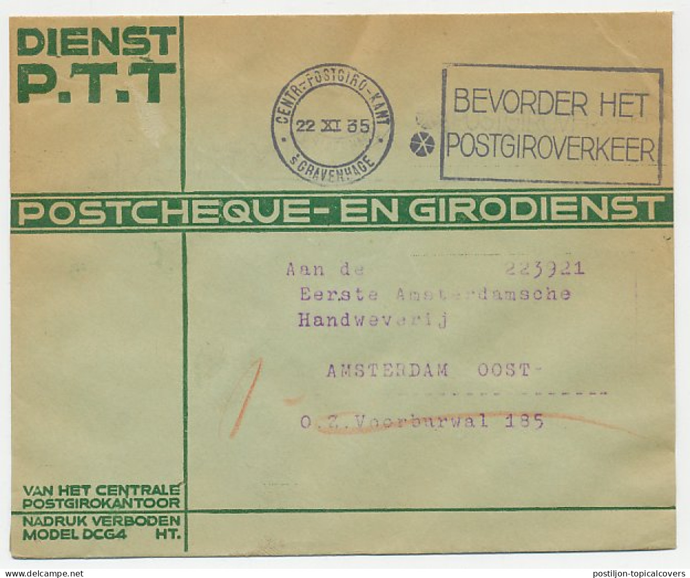 Machinestempel Postgiro Kantoor Den Haag 1935 - Unclassified