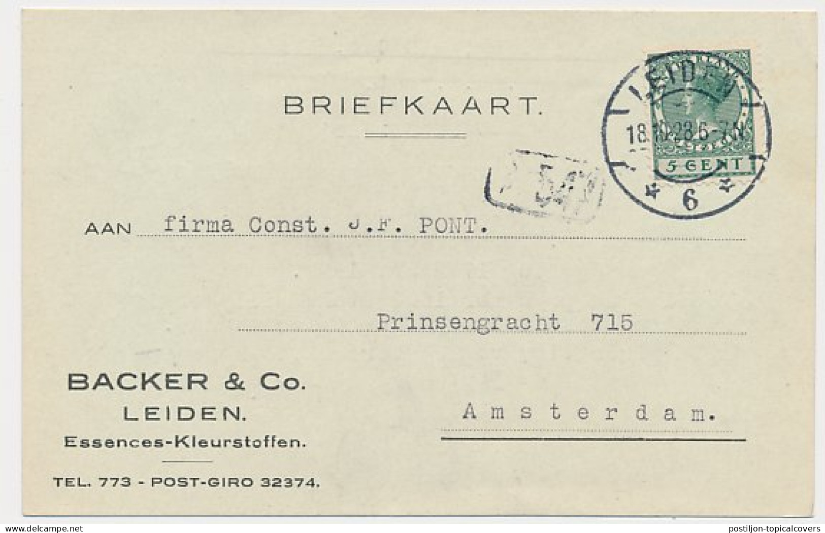 Firma Briefkaart Leiden 1928 - Essences - Kleurstoffen - Zonder Classificatie