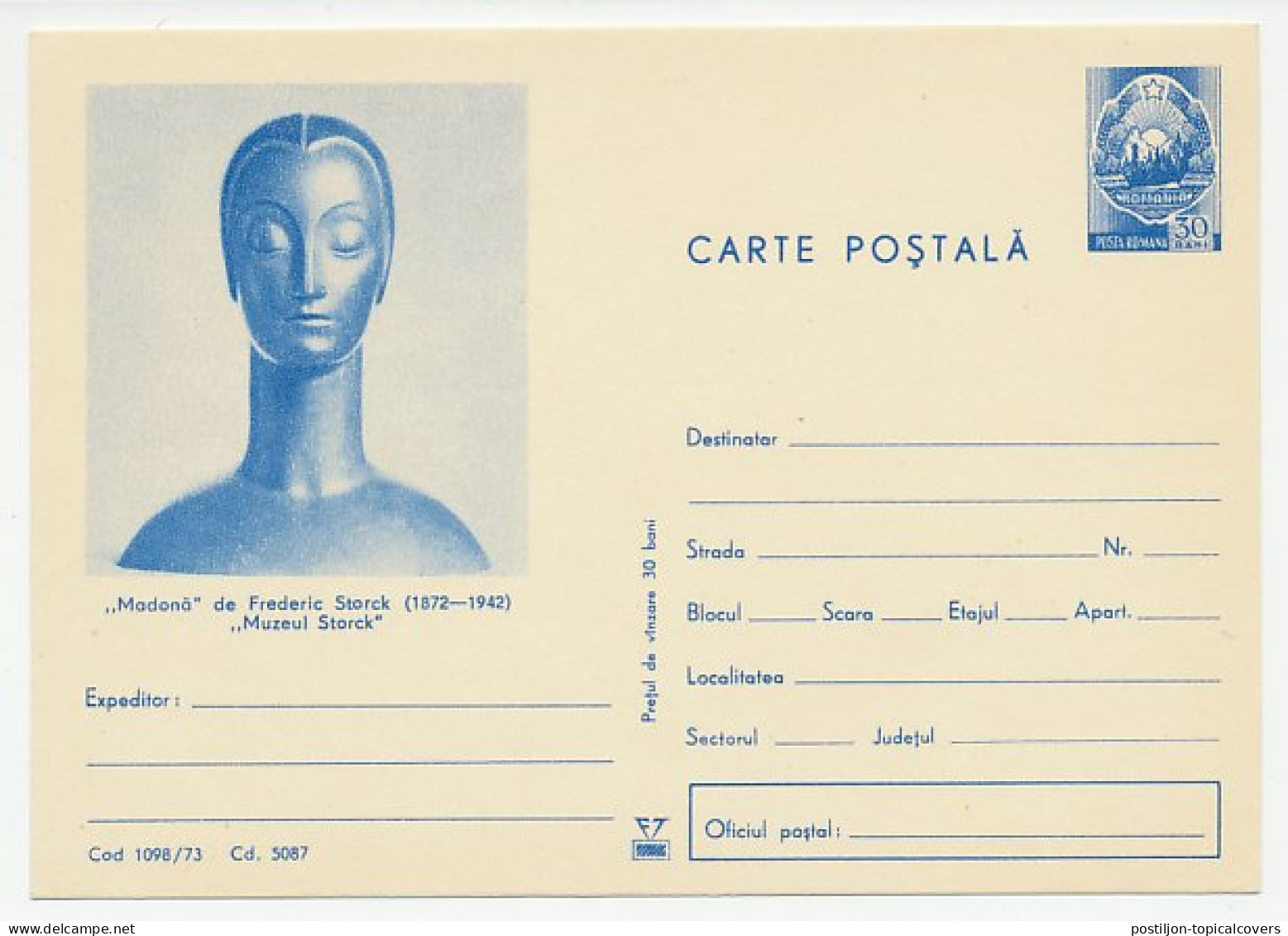 Postal Stationery Rumania 1973 Madonna - Frederic Storck - Beeldhouwkunst