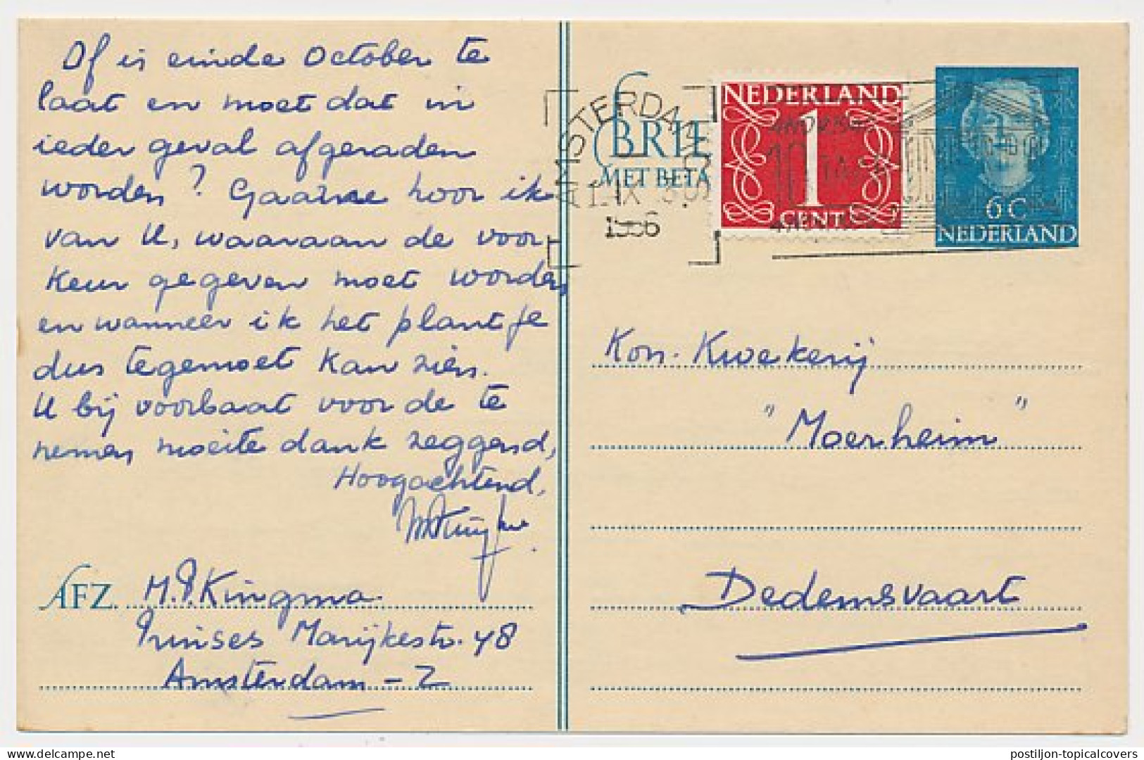 Briefkaart G. 303 V / Bijfrankering Amsterdam - Dedemsvaart 1956 - Postwaardestukken