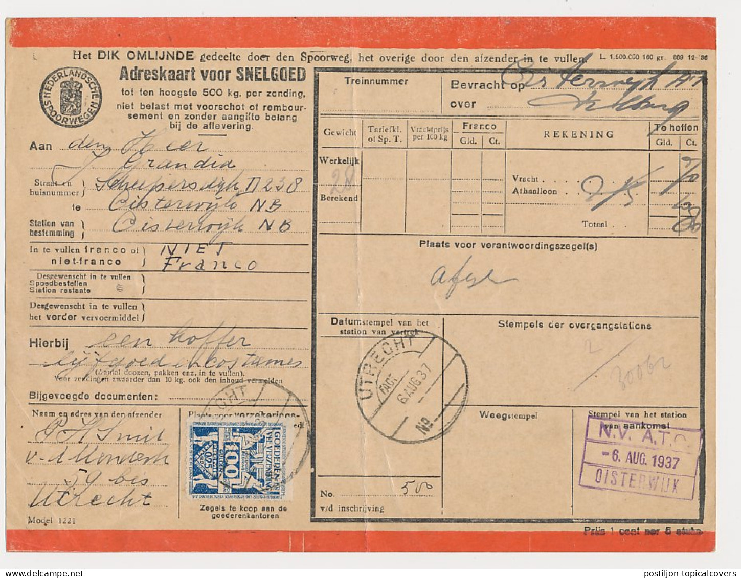 Adreskaart Utrecht - Oisterwijk 1937 - Verzekeringszegel - Unclassified