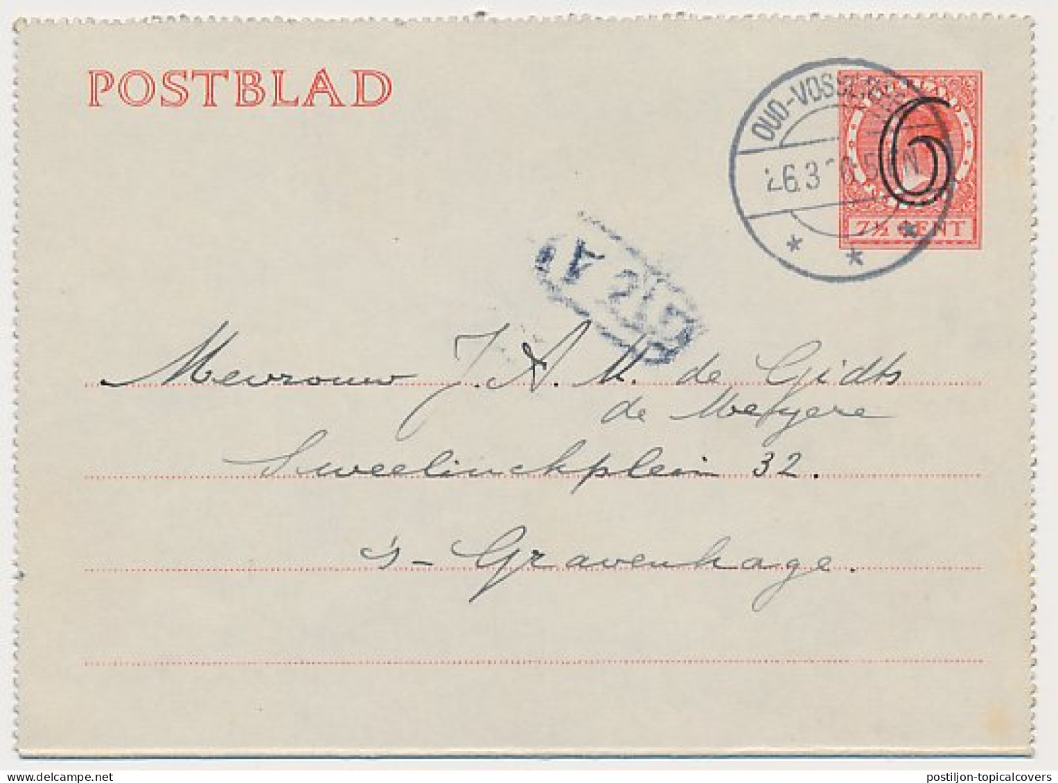 Postblad G. 17 X Oud Vossemeer - Den Haag 26.3.1930 - Ganzsachen