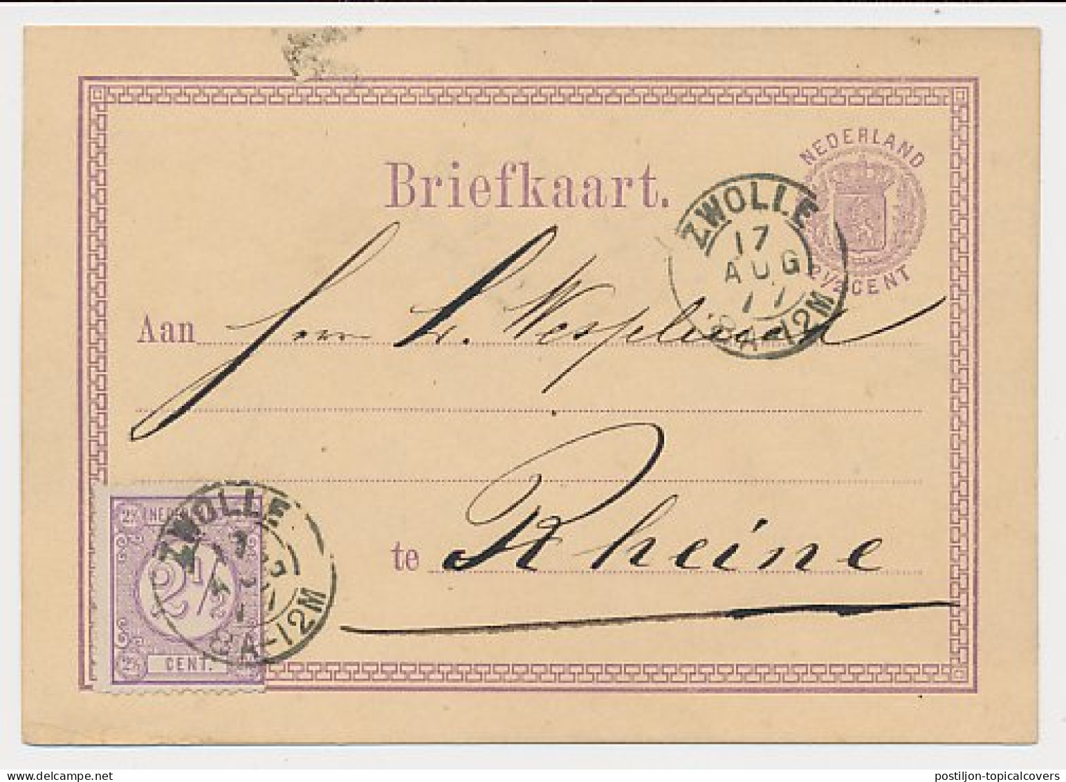 Briefkaart G. 12 / Bijfrankering Zwolle - Duitsland 1877 - Postwaardestukken