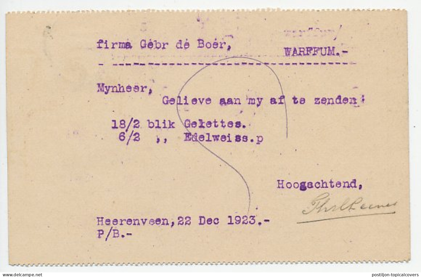 Firma Briefkaart Heerenveen 1923 - Grossier  - Ohne Zuordnung