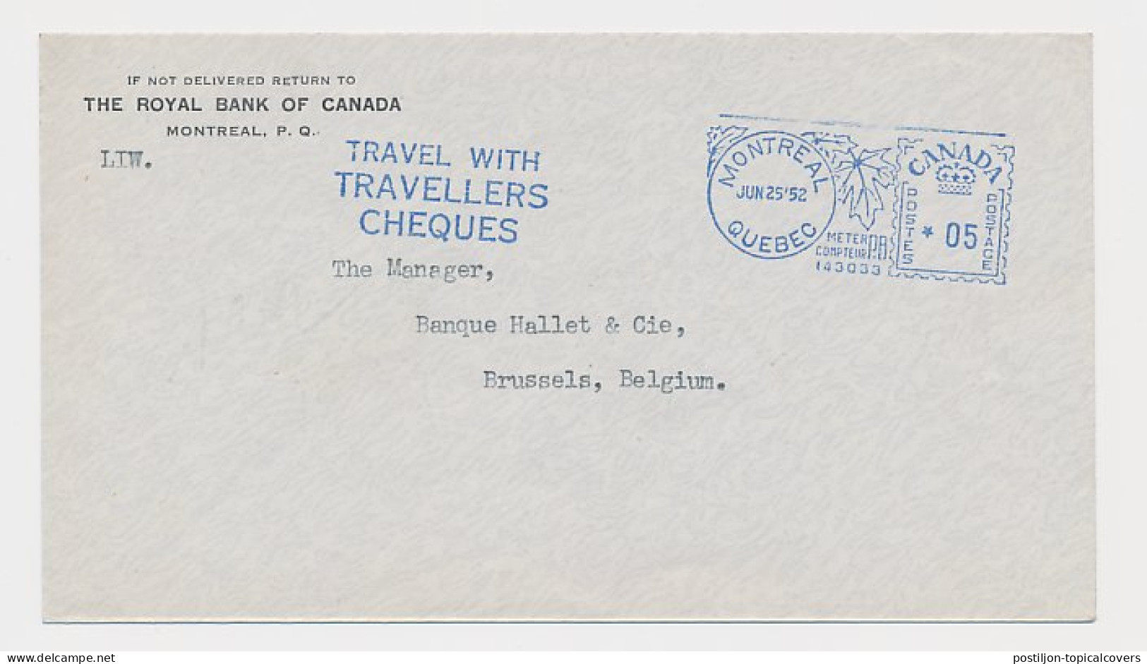 Meter Cover Canada 1952 Travellers Cheques - Royal Bank Of Canada - Non Classés