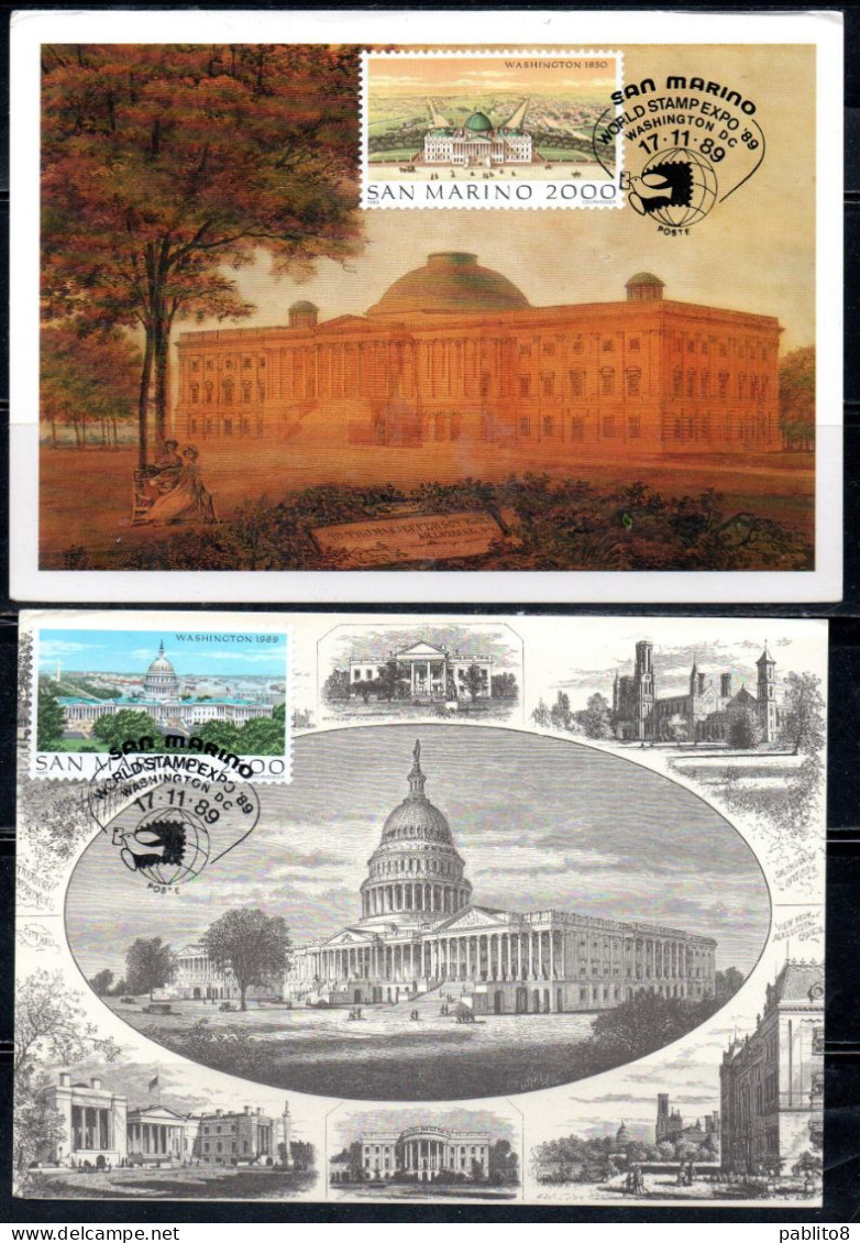 REPUBBLICA DI SAN MARINO 1989 WASHINGTON 1850 WORLD STAMP EXPO89 SERIE COMPLETA SET MAXI MAXIMUM CARD CARTOLINA CARTE - FDC