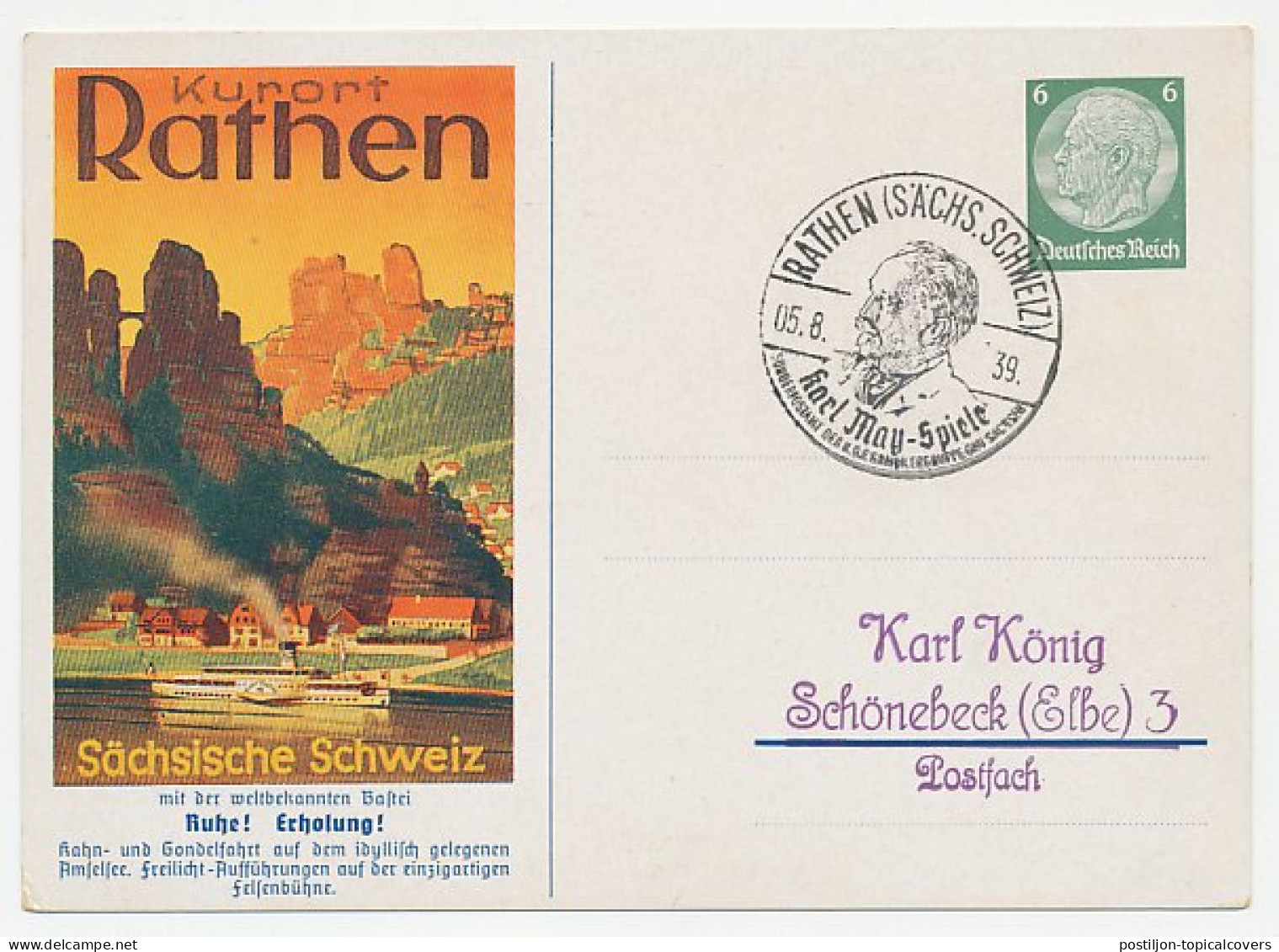 Postal Stationery Germany 1939 Health Resort Rathen - Spa - Amselsee - Karl May - Sonstige & Ohne Zuordnung