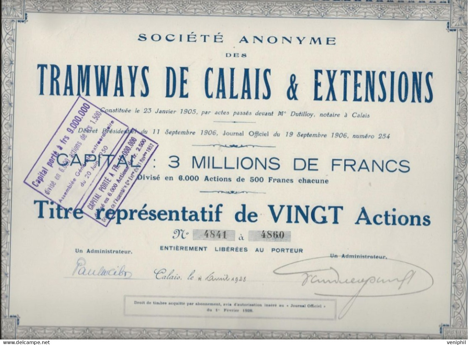 SOCIETE DES TRAMWAYS DE CALAIS ET EXTENSIONS - TITRE REPRESENTATIF DE VINGT ACTIONS - ANNEE 1928 - Ferrovie & Tranvie