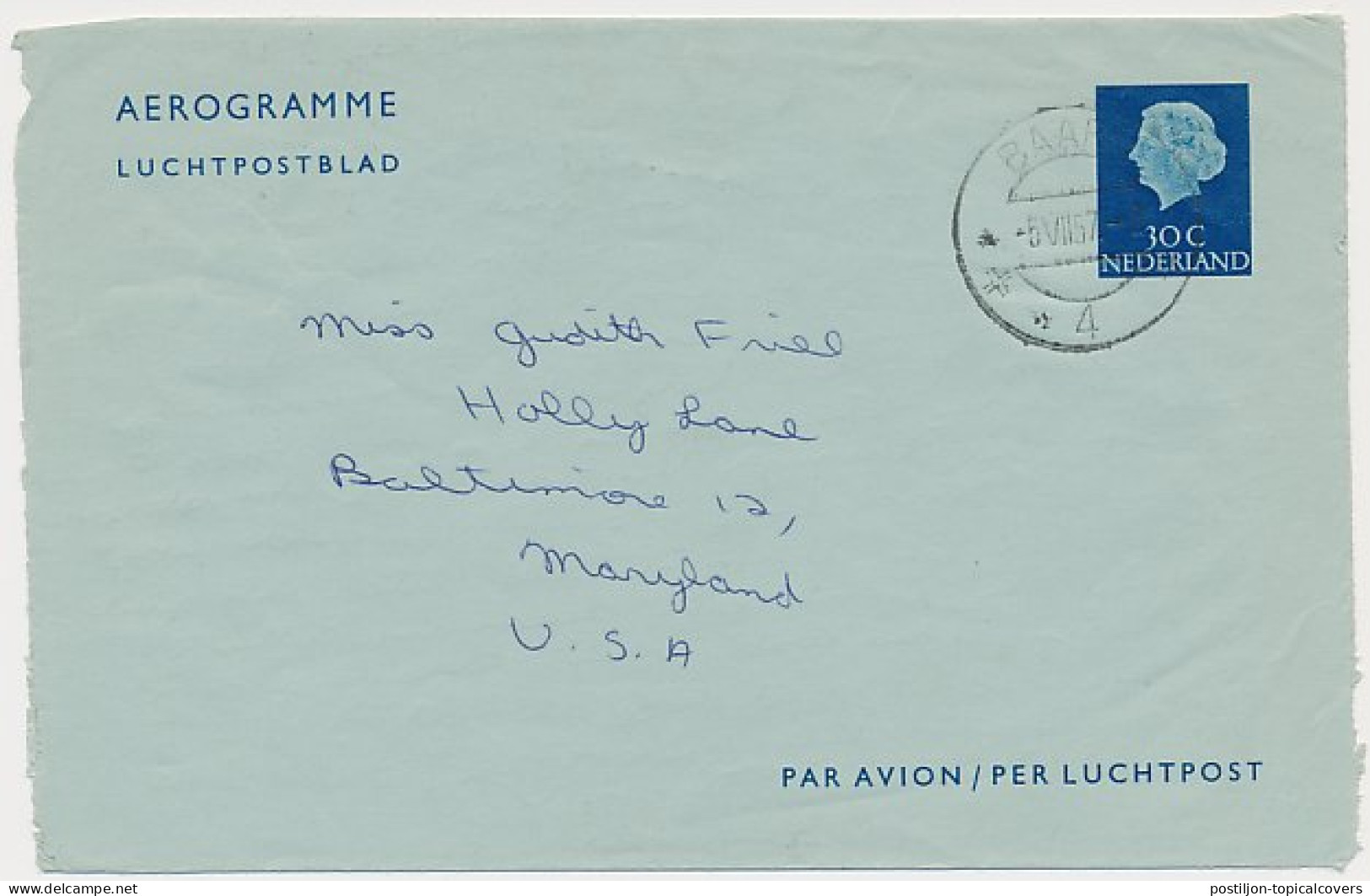 Luchtpostblad G. 10 Baarn - Maryland USA 1957 - Entiers Postaux