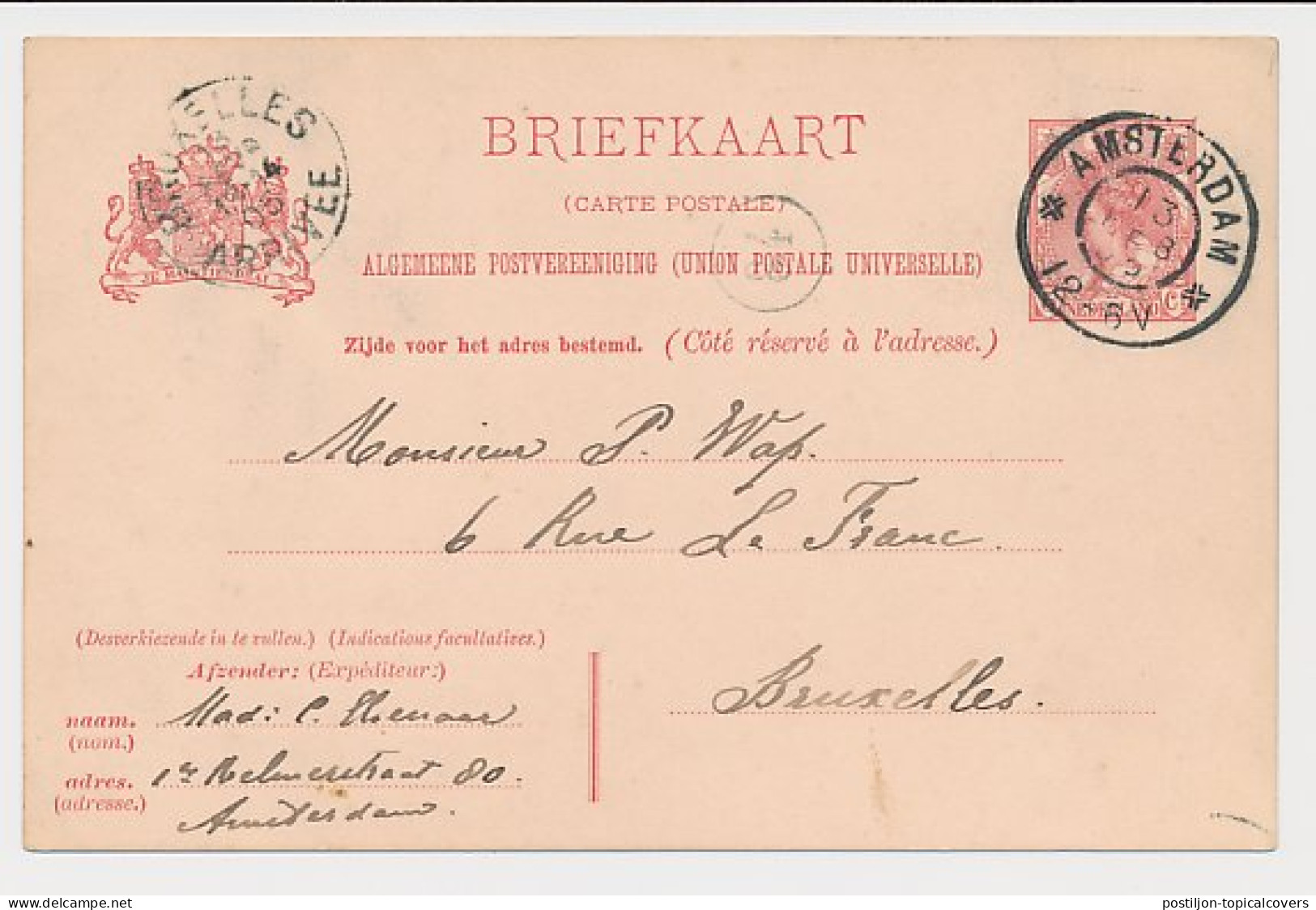 Briefkaart G. 61 Amsterdam - Brussel Belgie 1905  - Interi Postali
