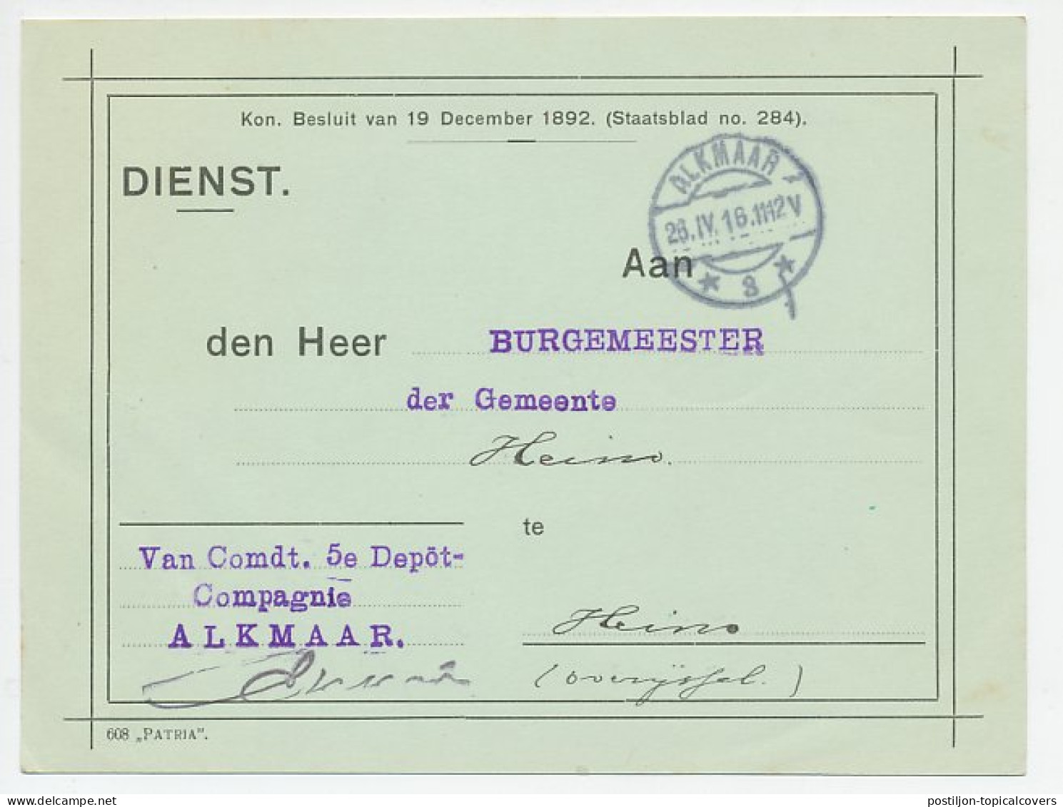 Dienst Alkmaar - Heino 1916 - Commandant 5e Depot Compagnie - Ohne Zuordnung