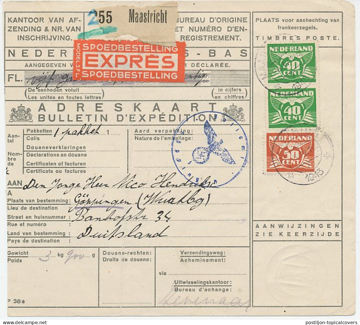 Em. Duif Expresse Pakketkaart Maastricht - Duitsland 1943 - Ohne Zuordnung