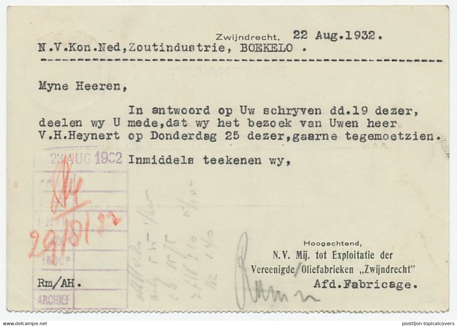 Perfin Verhoeven 022 - A.J. - Zwijndrecht 1932 - Non Classés