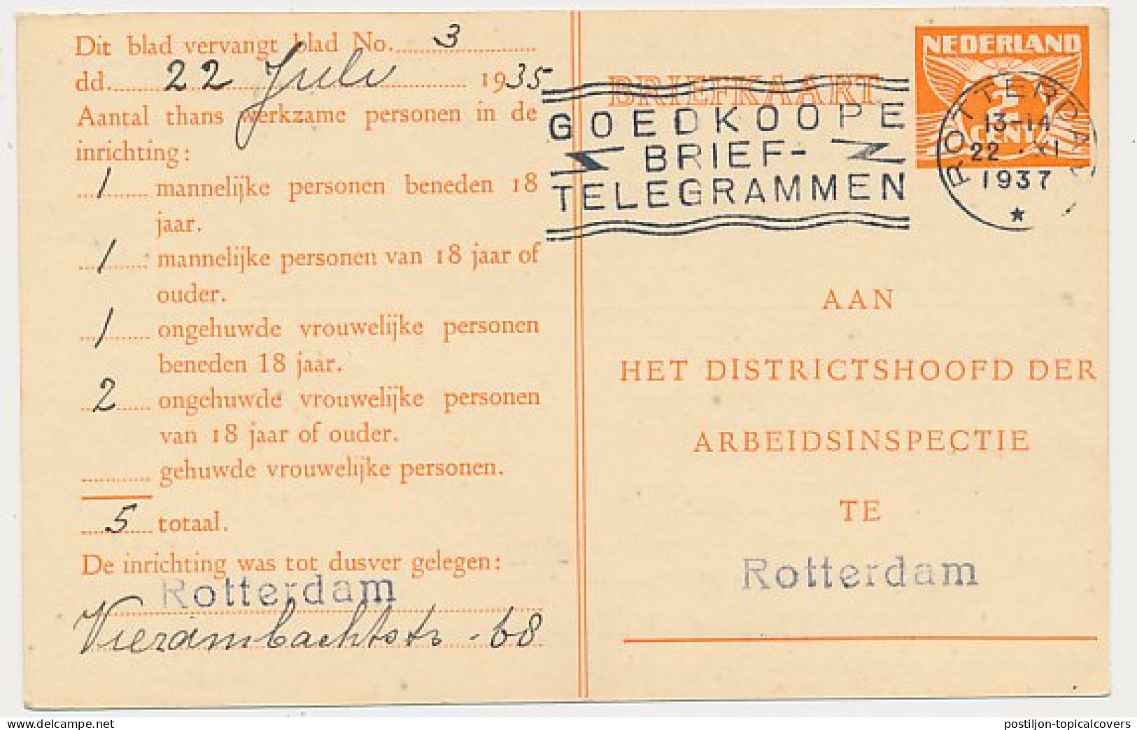 Arbeidslijst G. 17 Locaal Te Rotterdam 1937 - Entiers Postaux