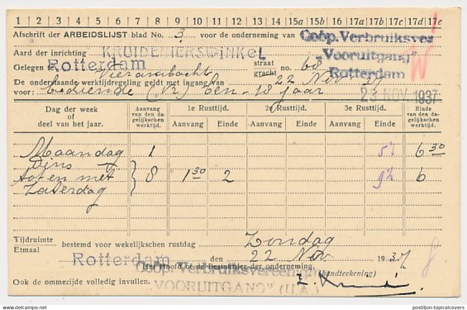 Arbeidslijst G. 17 Locaal Te Rotterdam 1937 - Postwaardestukken