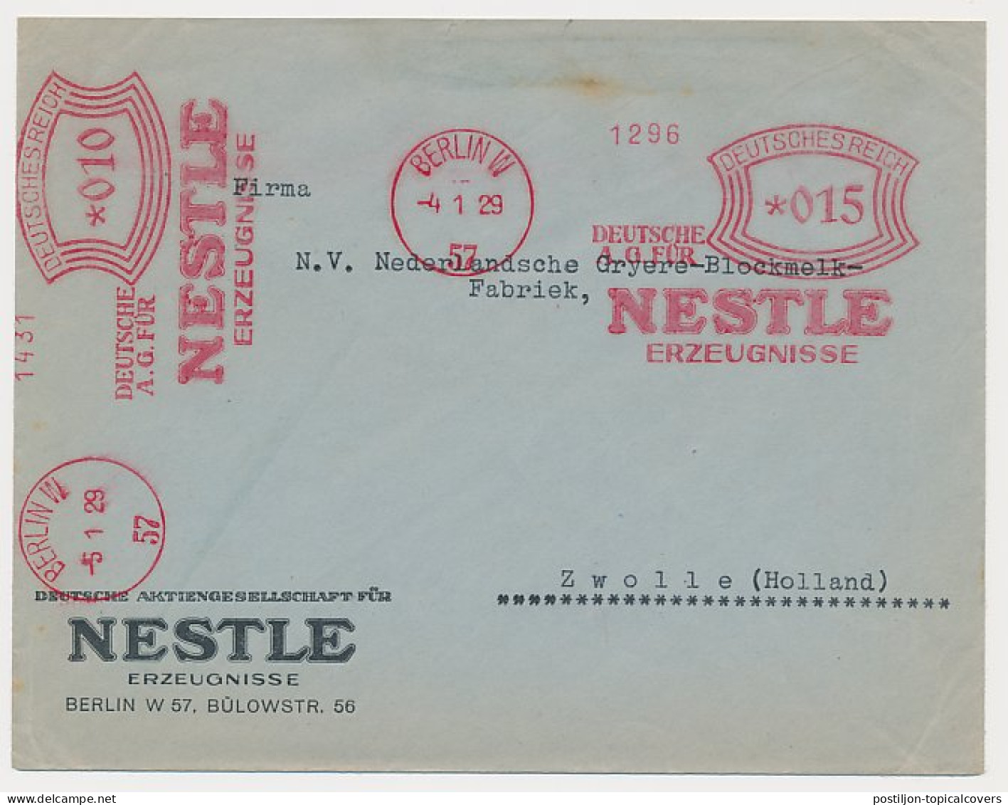 Meter Cover Deutsches Reich / Germany 1929 Nestle Products - Levensmiddelen