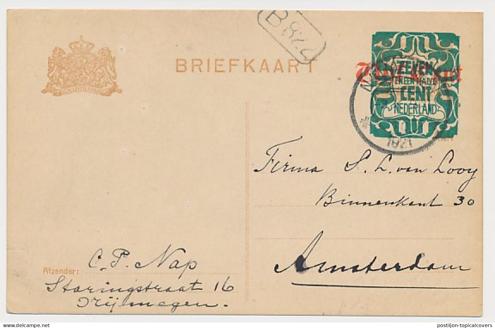 Briefkaart G. 176 A I Nijmegen - Amsterdam 1921 - Postwaardestukken