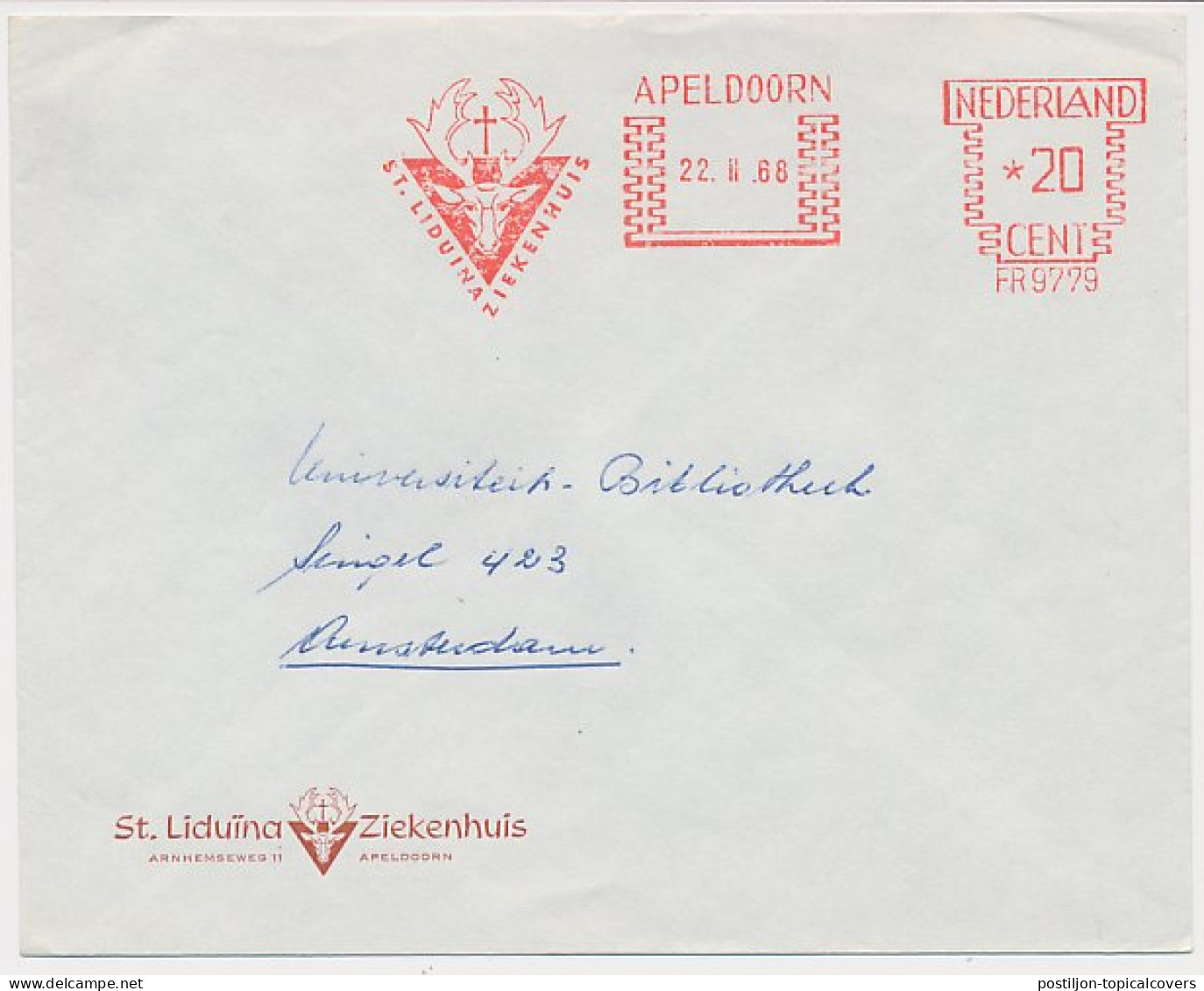 Meter Cover Netherlands 1968 Saint Hubert - Deer - Stag - Cross - Hospital - Apeldoorn - Other & Unclassified