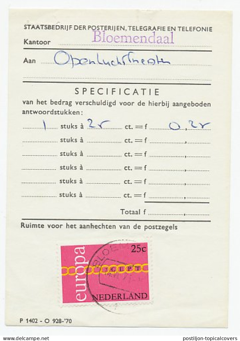 Em. Europa 1971 Port Specificatie Formulier Bloemendaal - Non Classés