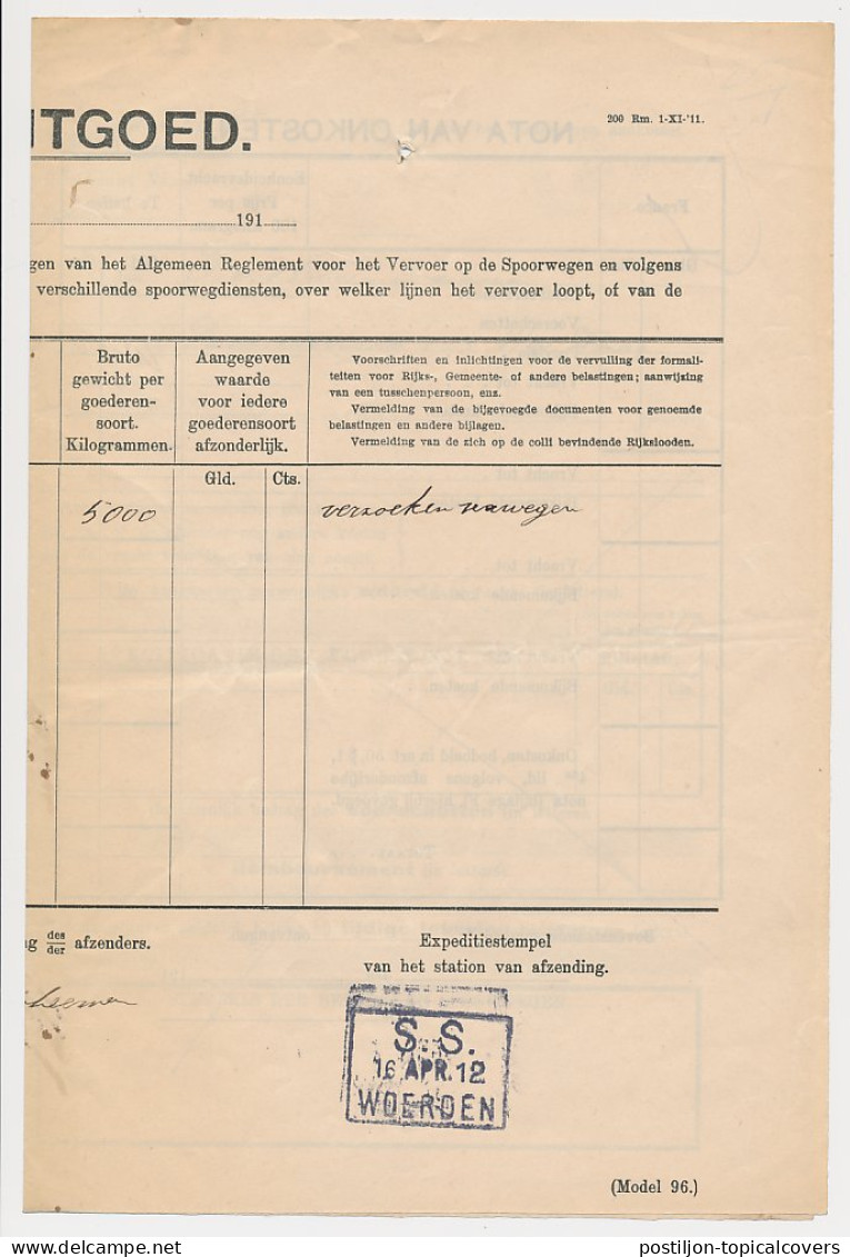 Vrachtbrief Staats Spoorwegen Woerden - Den Haag 1912 - Zonder Classificatie