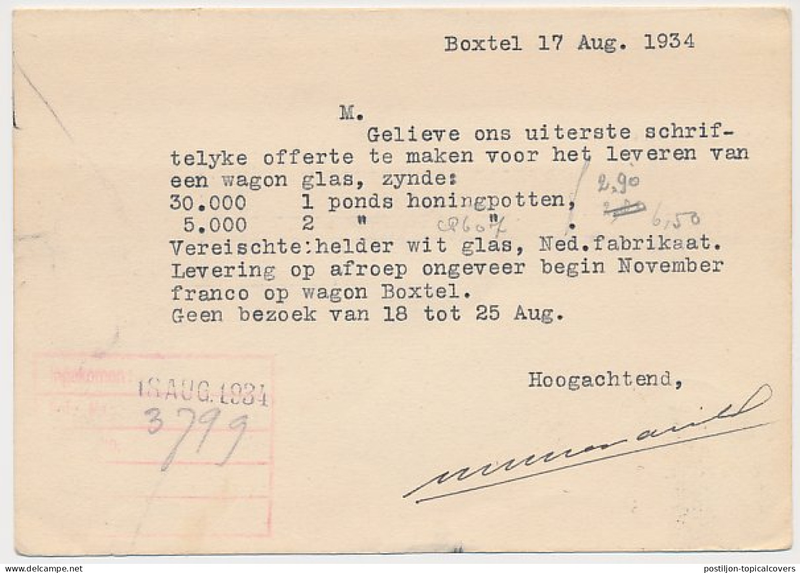 Firma Briefkaart Boxtel 1934 - Honigzeemerij - Bijen - Non Classés