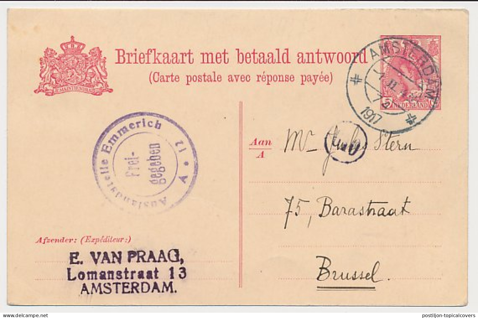 Briefkaart G. 85 I V-krt. Amsterdam - Brussel Belgie 1917 - Postwaardestukken