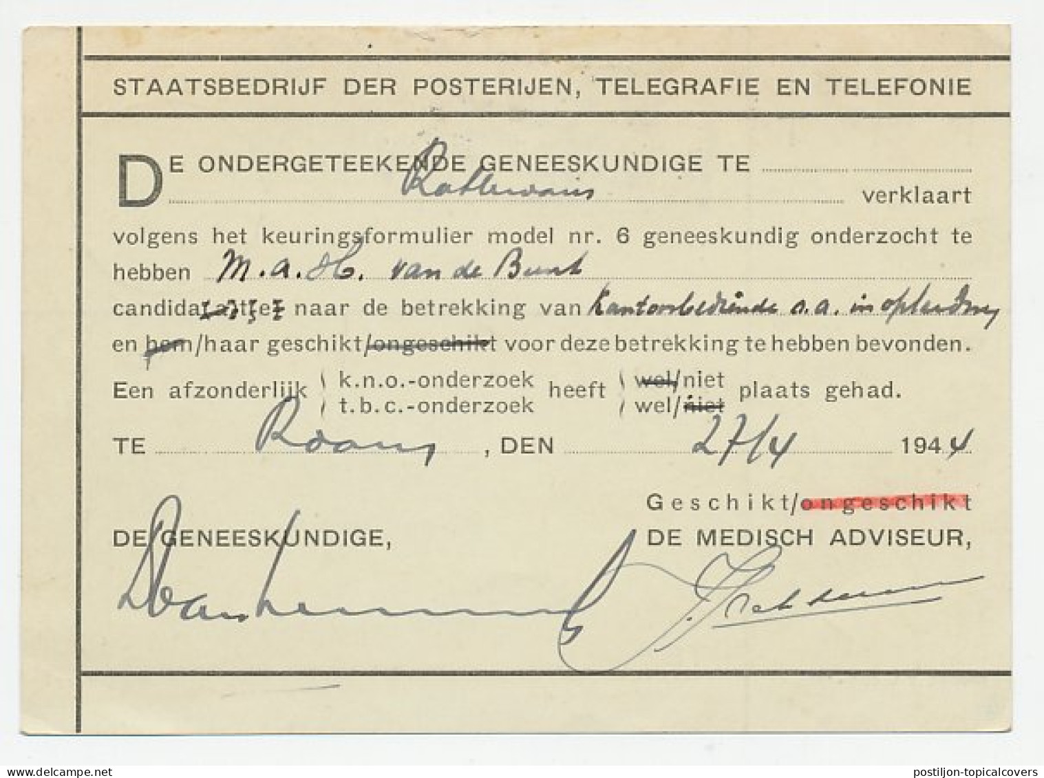 Dienst PTT Den Haag - Schoonhoven 1944 - Geneeskundige Dienst - Zonder Classificatie