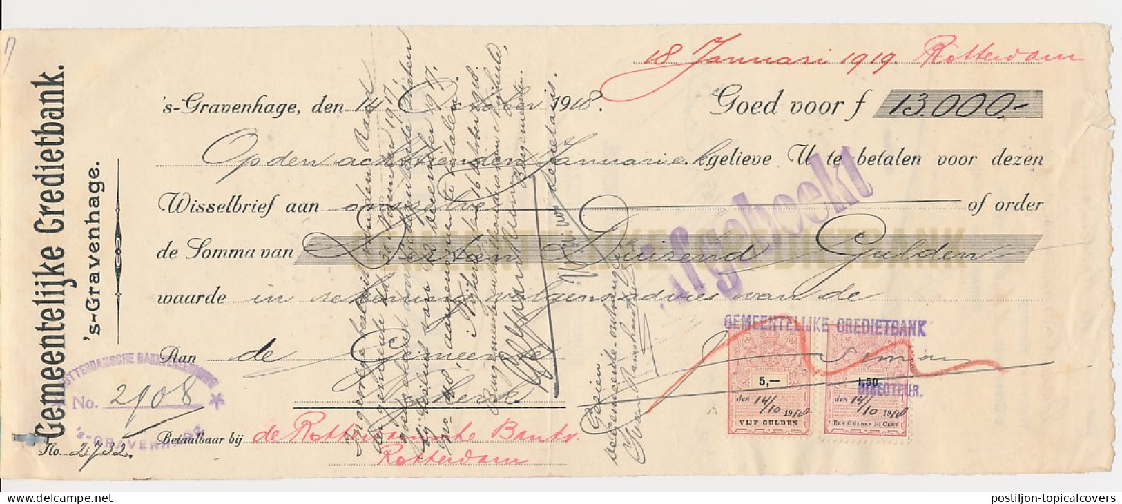 Plakzegel 5.- / 1.50 Den 19.. - Wisselbrief Den Haag 1918 - Revenue Stamps